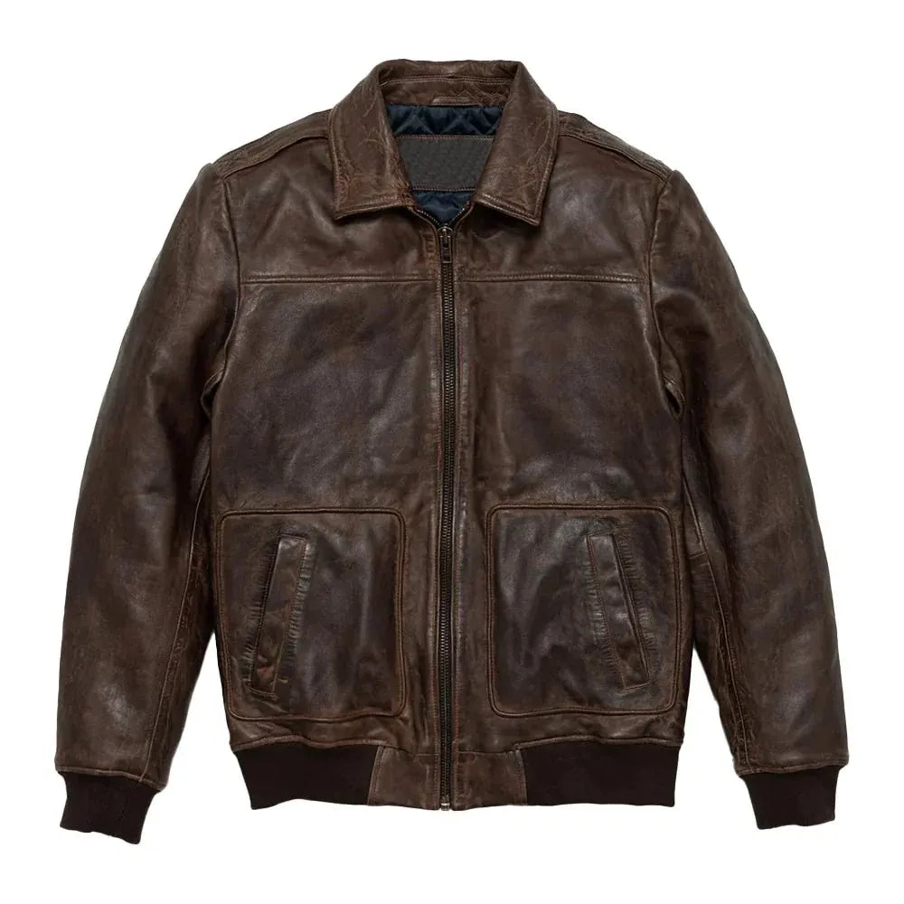 Maverick Brown Leather Bomber Jacket with Detachable Sherpa Collar