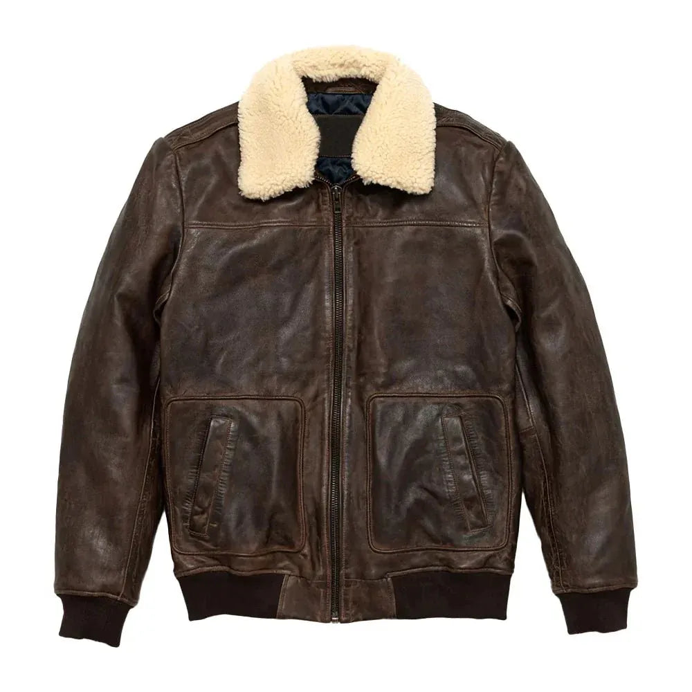 Maverick Brown Leather Bomber Jacket with Detachable Sherpa Collar