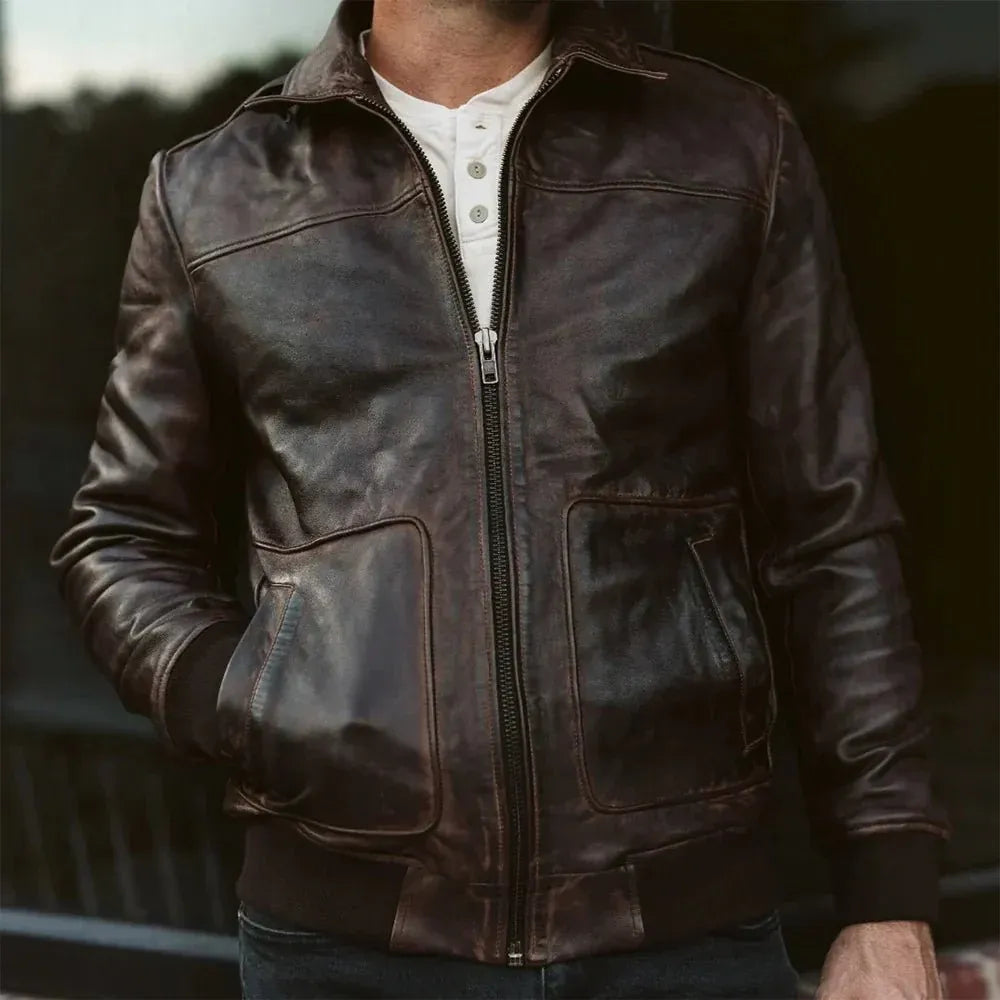 Maverick Brown Leather Bomber Jacket with Detachable Sherpa Collar