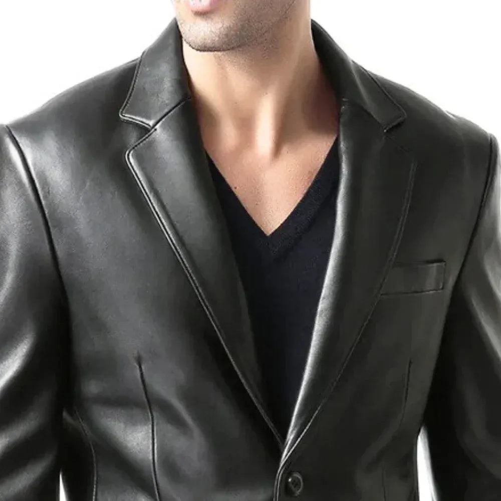 Men’s Black Two Button Leather Blazer Jacket