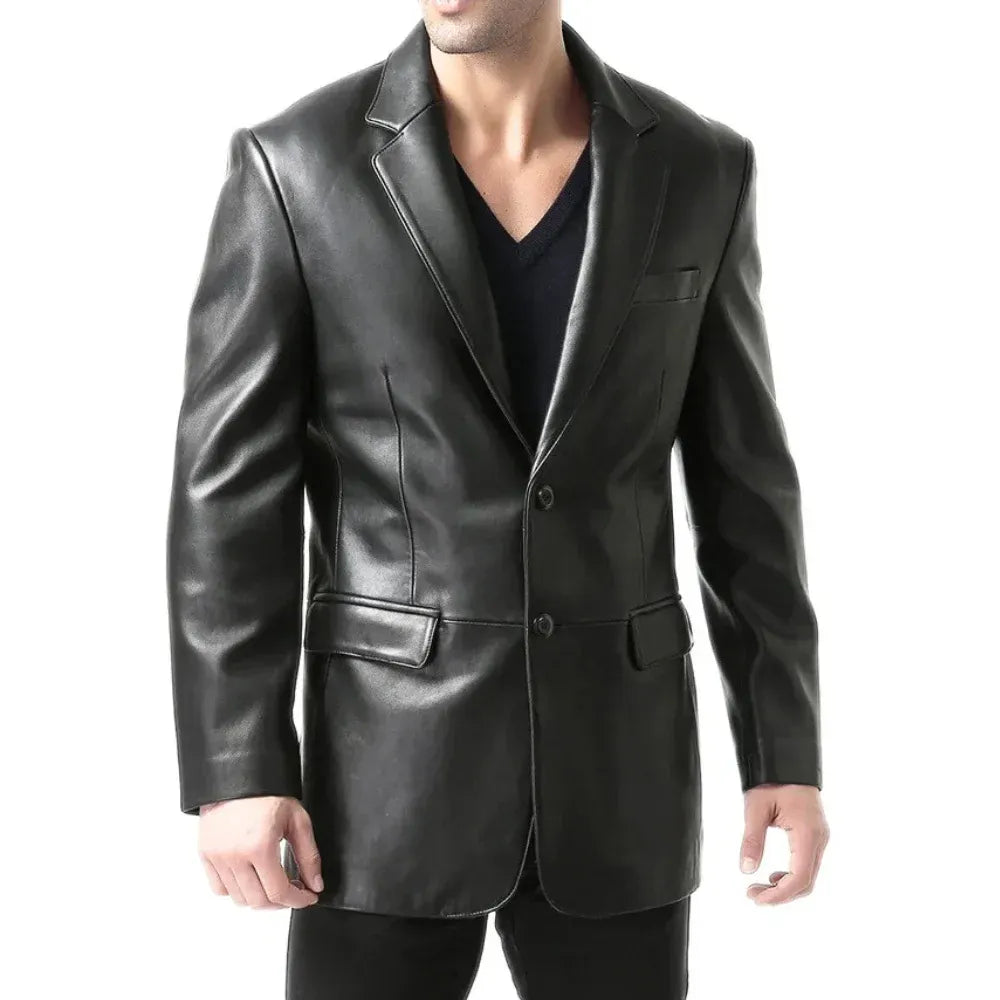 Men’s Black Two Button Leather Blazer Jacket