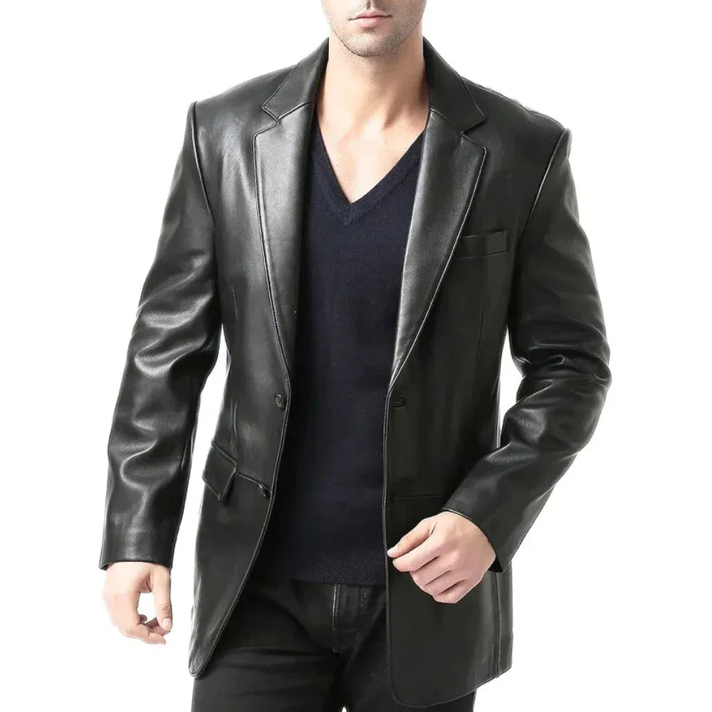 Men’s Black Two Button Leather Blazer Jacket