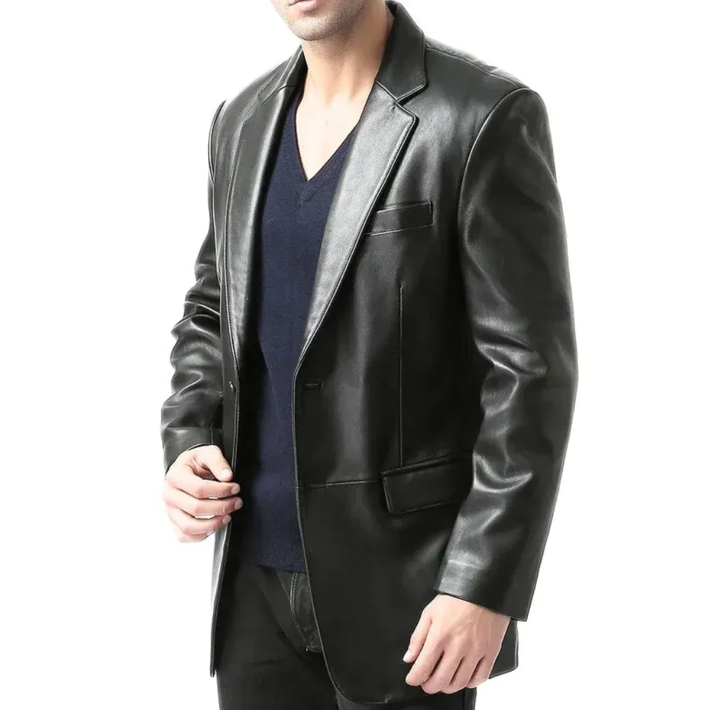 Men’s Black Two Button Leather Blazer Jacket