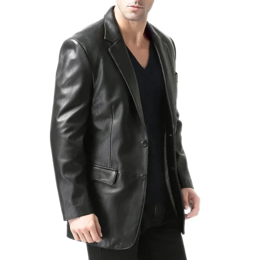 Men’s Black Two Button Leather Blazer Jacket