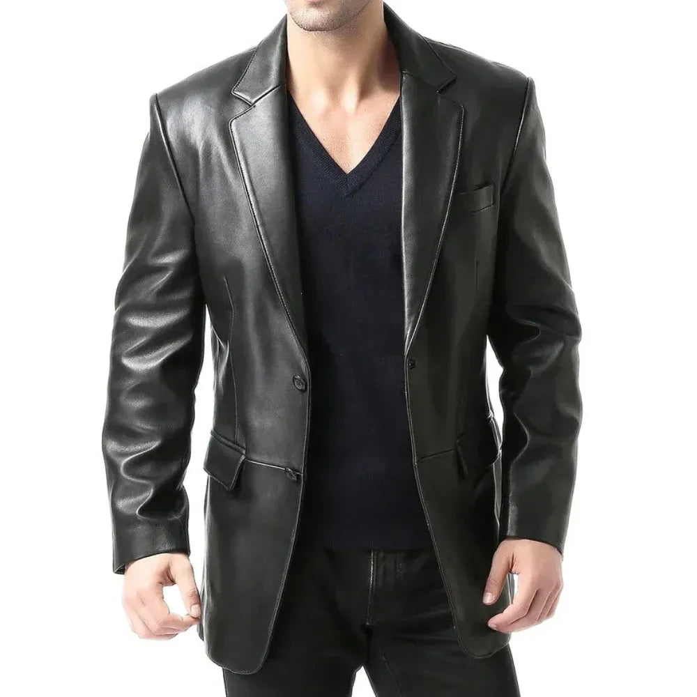 Men’s Black Two Button Leather Blazer Jacket