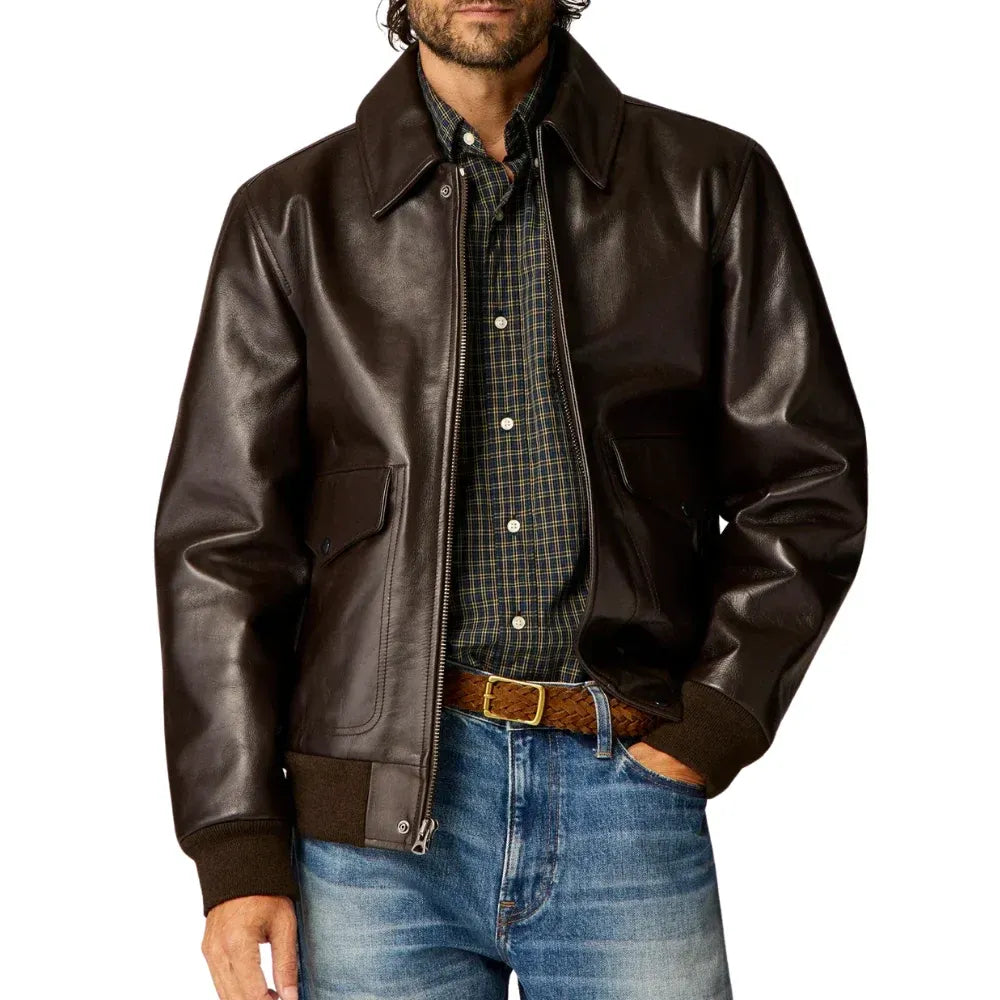Men's Aviator A2 Leather Bomber Jacket Vintage Brown
