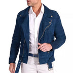 Men's Blue Biker Suede Leather Jacket