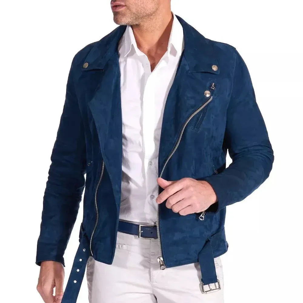 Men's Blue Biker Suede Leather Jacket