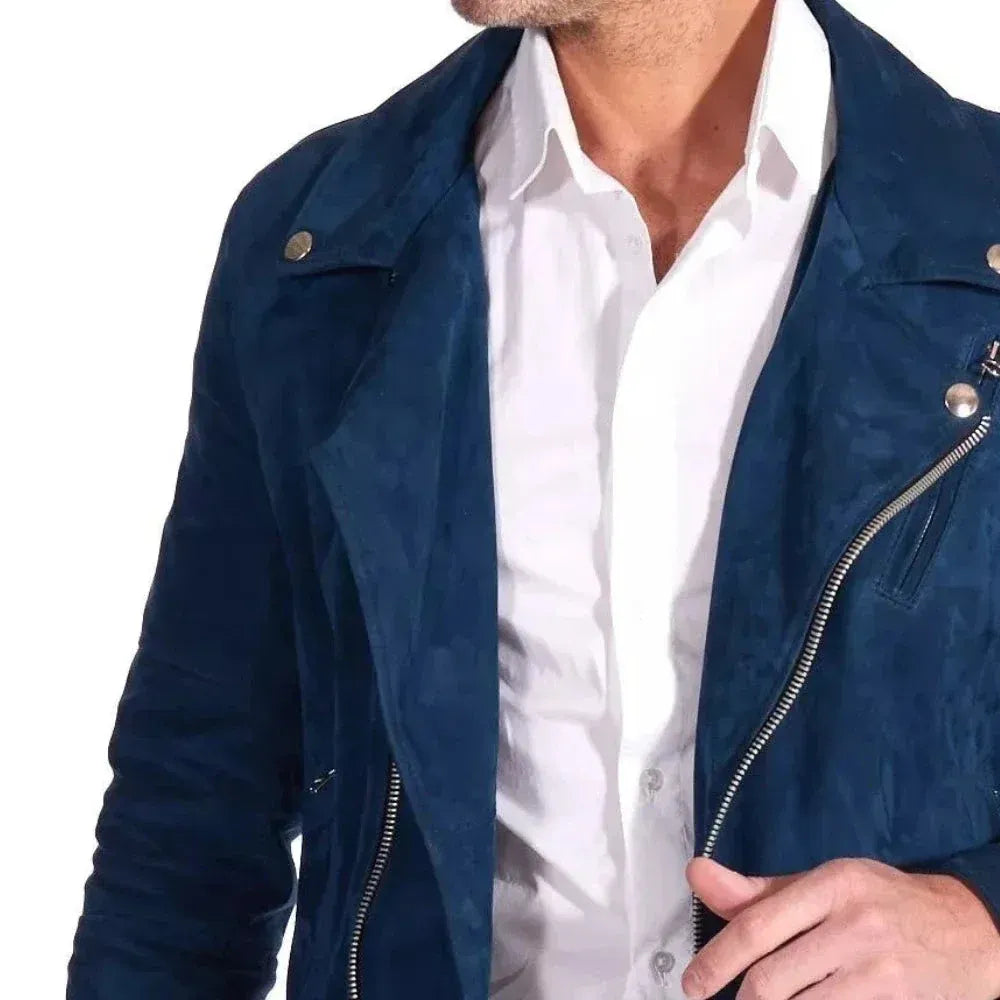 Men's Blue Biker Suede Leather Jacket