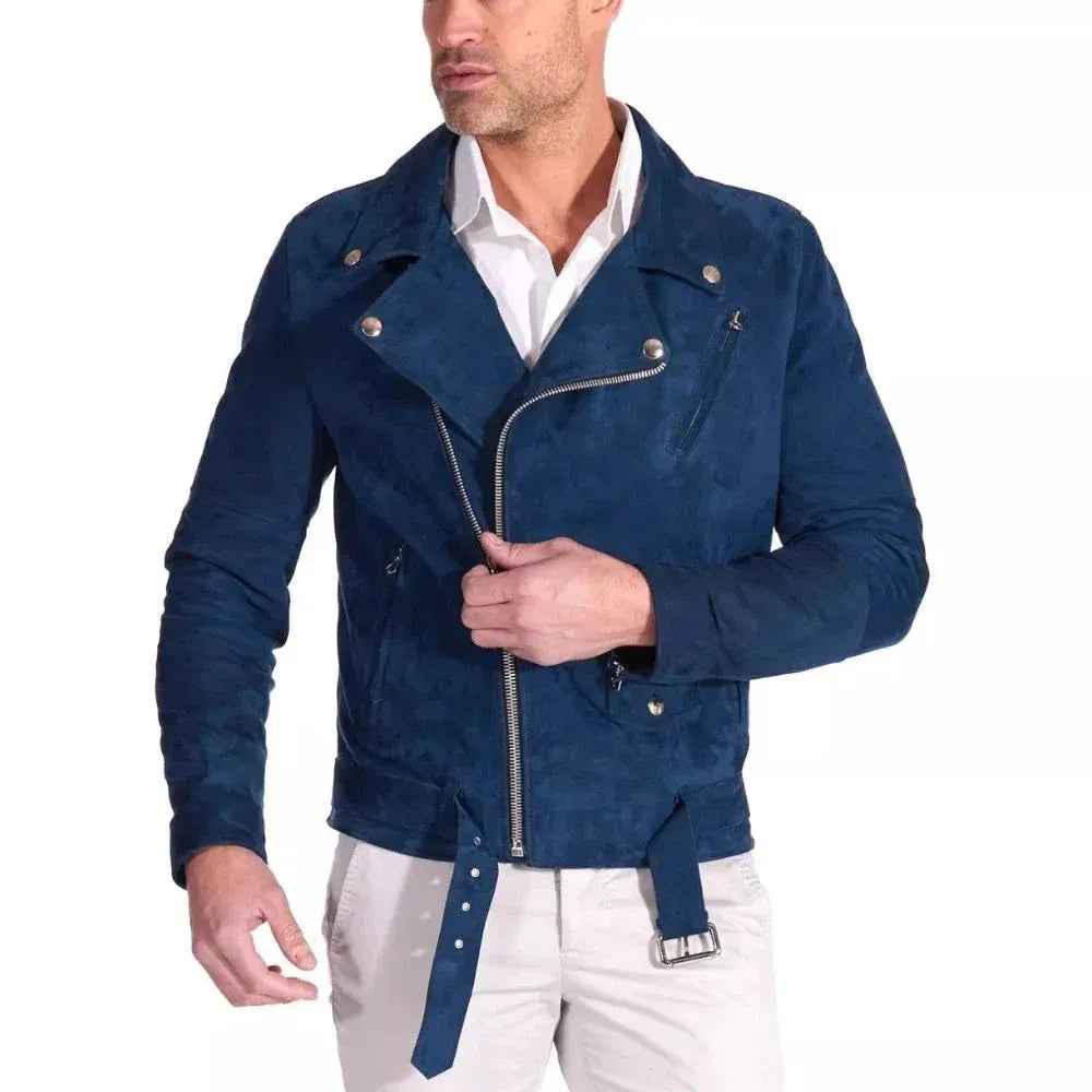 Men's Blue Biker Suede Leather Jacket