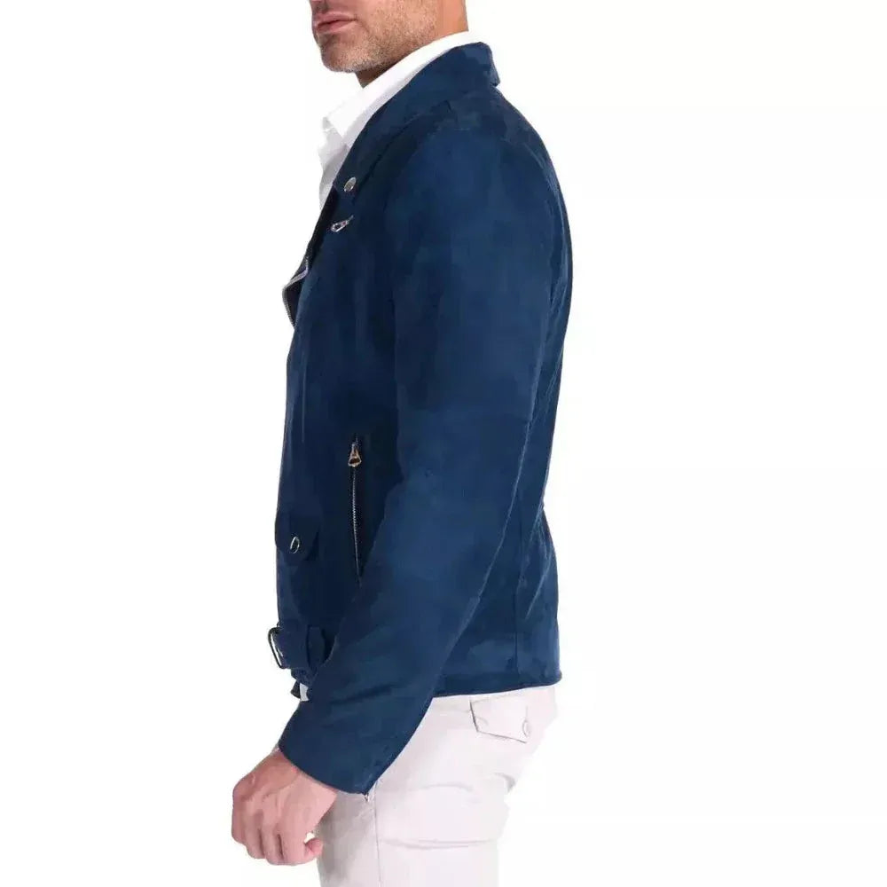 Men's Blue Biker Suede Leather Jacket