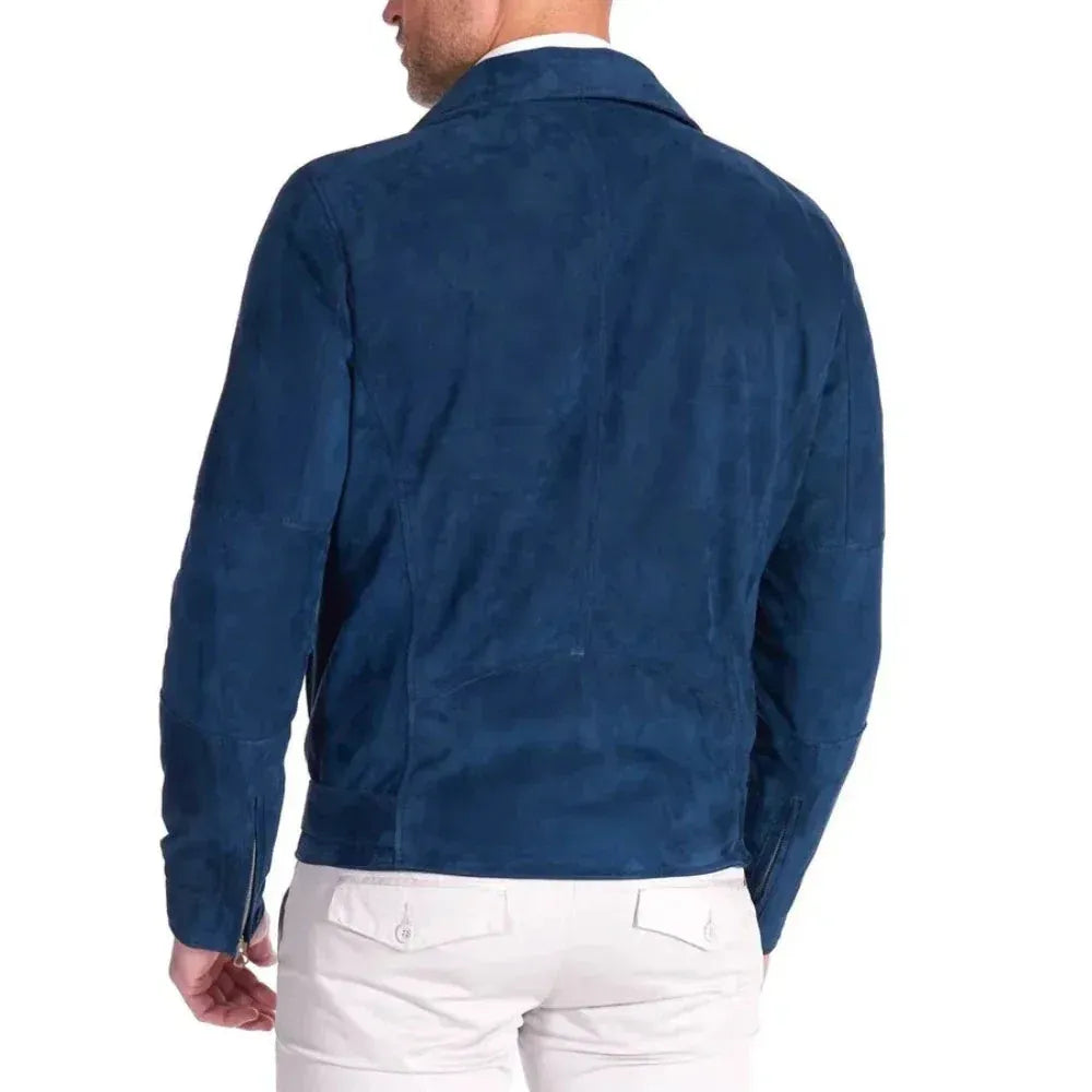 Men's Blue Biker Suede Leather Jacket