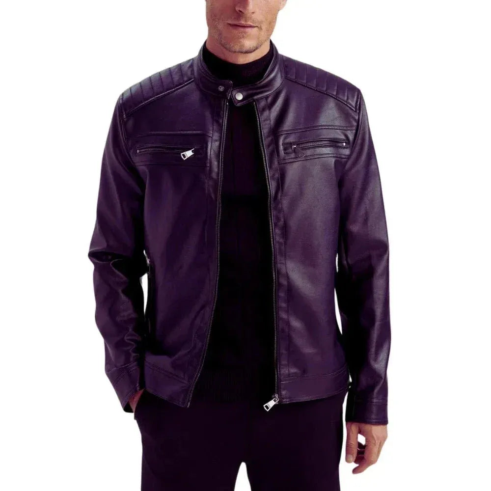 Men's Quilted Biker Leather Jacket Purple