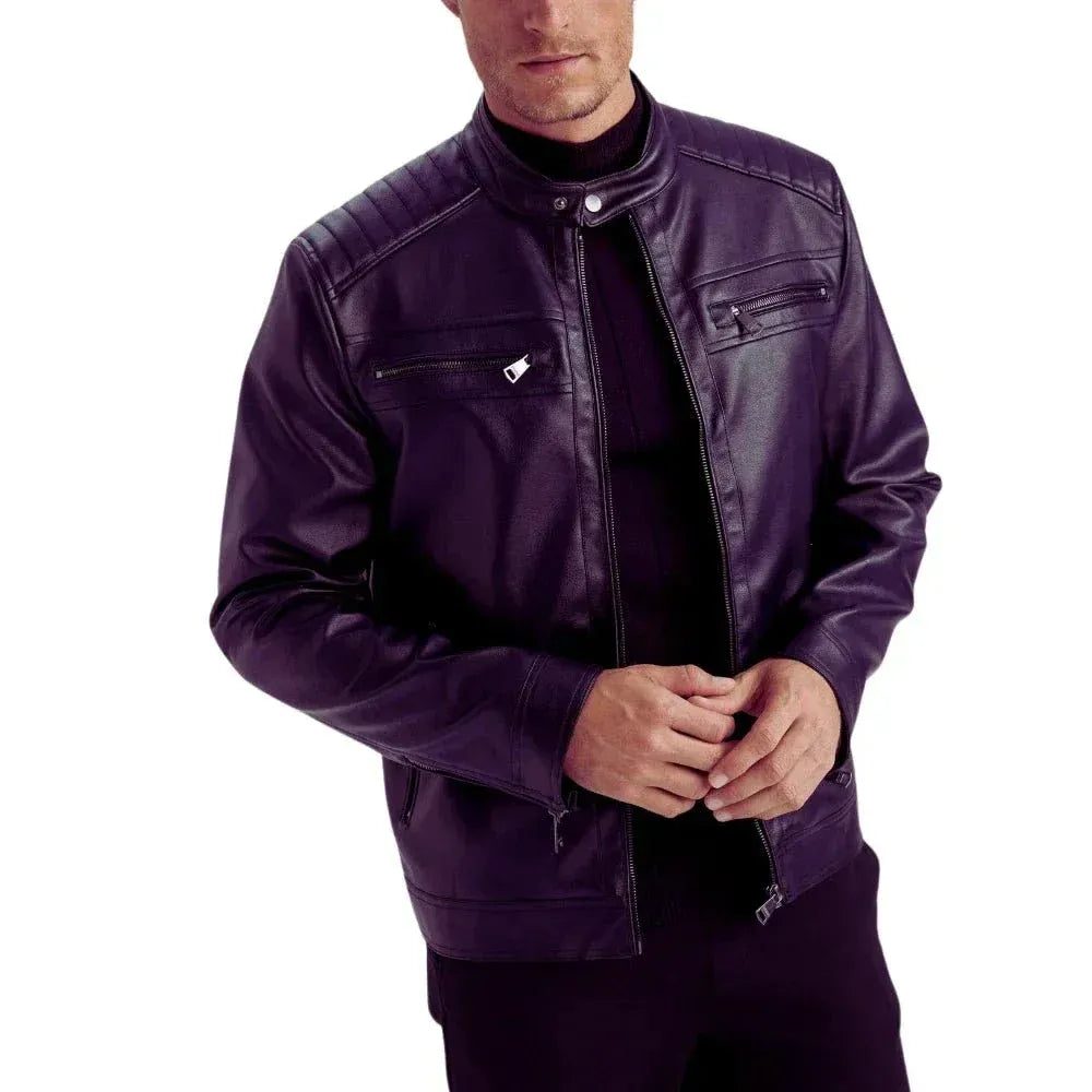 Men's Quilted Biker Leather Jacket Purple