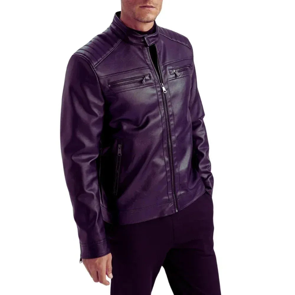 Men's Quilted Biker Leather Jacket Purple