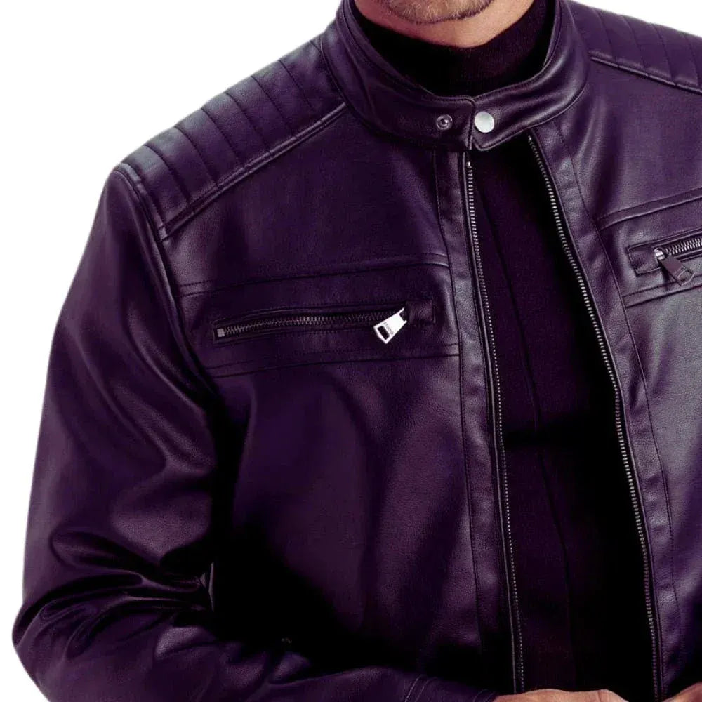 Men's Quilted Biker Leather Jacket Purple
