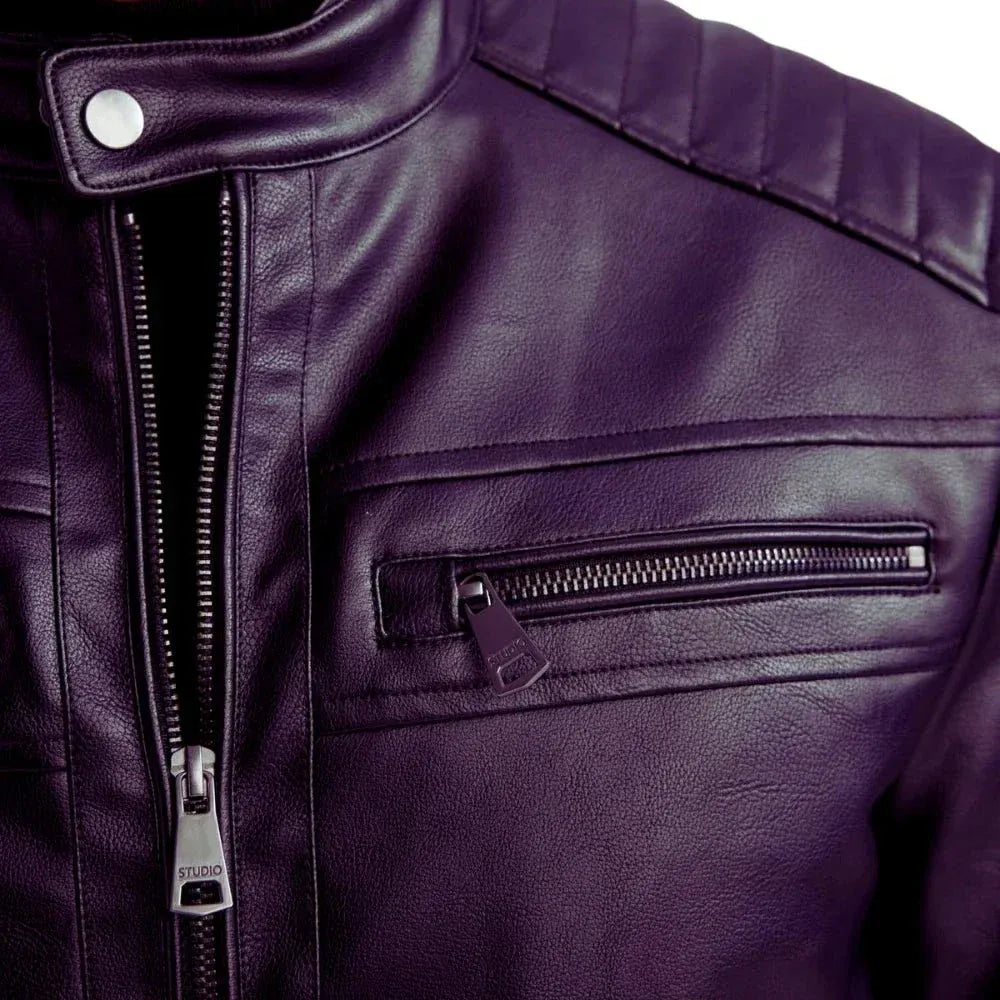 Men's Quilted Biker Leather Jacket Purple