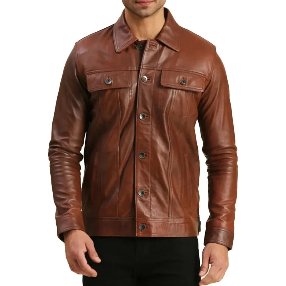 Men's Trucker Brown Real Leather Jacket