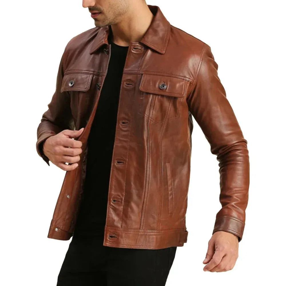 Men's Trucker Brown Real Leather Jacket