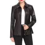Women's Black Shirt Collar Leather Jacket