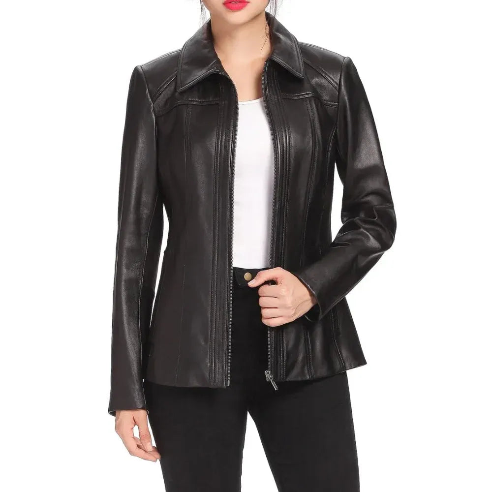 Women's Black Shirt Collar Leather Jacket