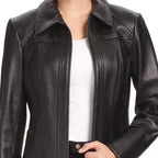 Women's Black Shirt Collar Leather Jacket