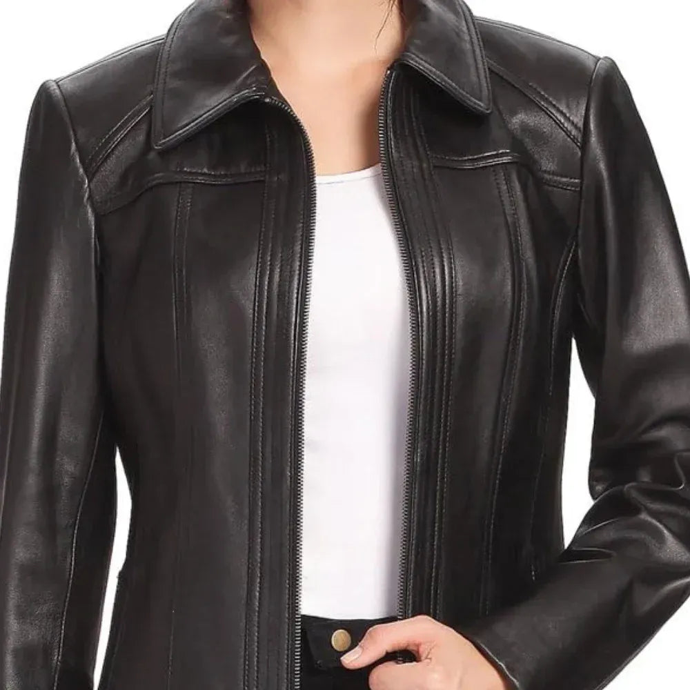 Women's Black Shirt Collar Leather Jacket