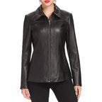 Women's Black Shirt Collar Leather Jacket