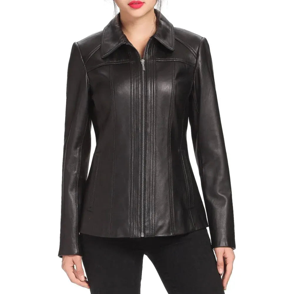 Women's Black Shirt Collar Leather Jacket