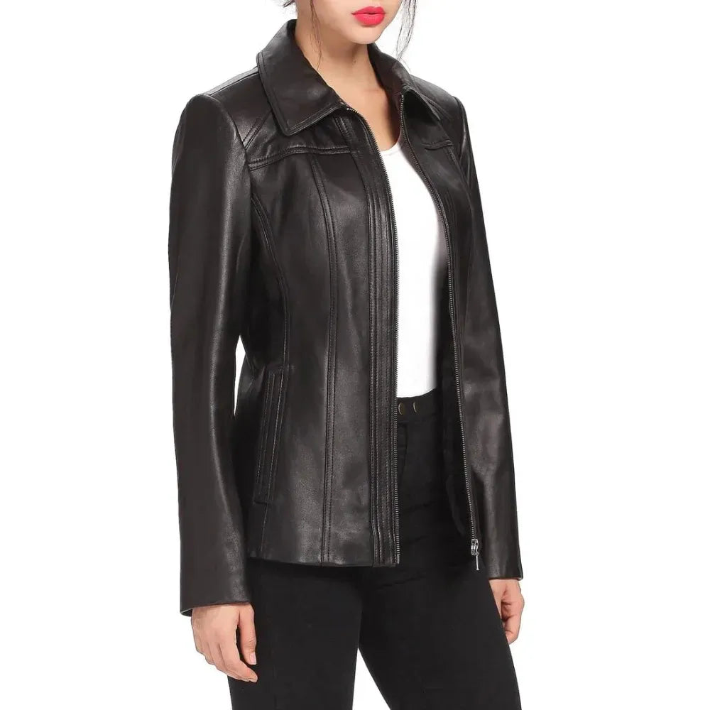 Women's Black Shirt Collar Leather Jacket