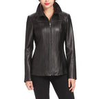 Women's Black Shirt Collar Leather Jacket