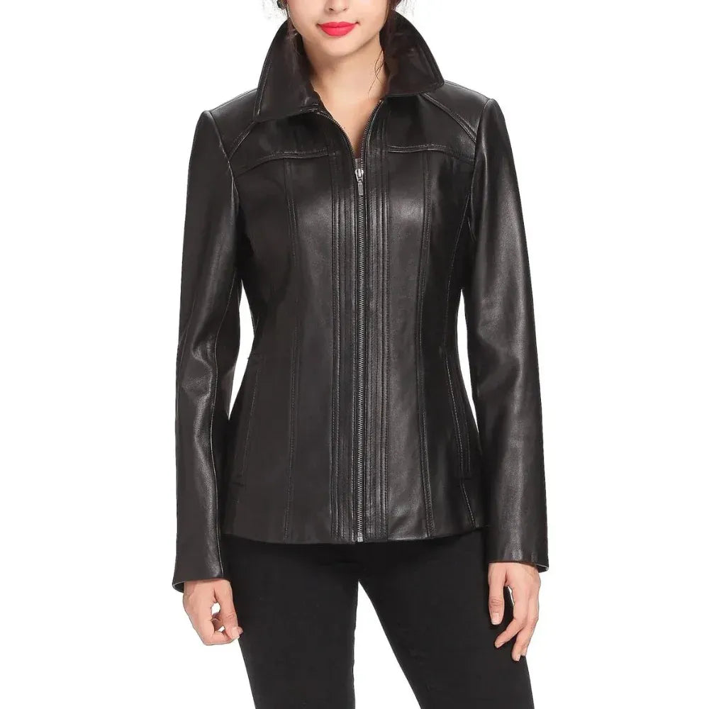 Women's Black Shirt Collar Leather Jacket