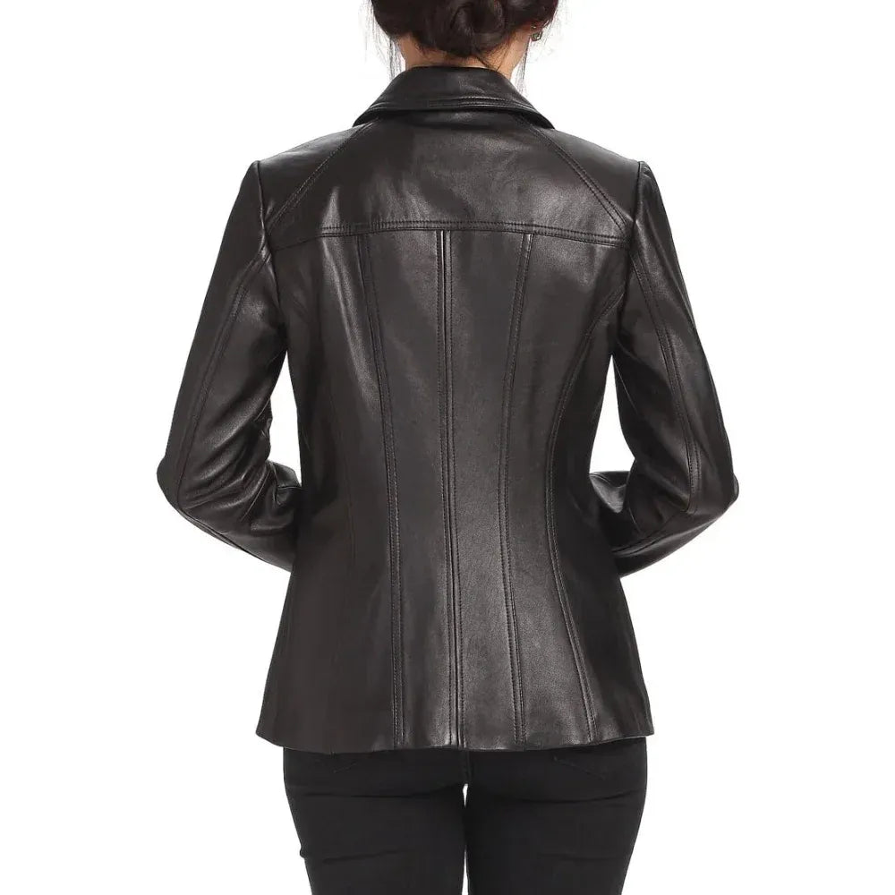 Women's Black Shirt Collar Leather Jacket