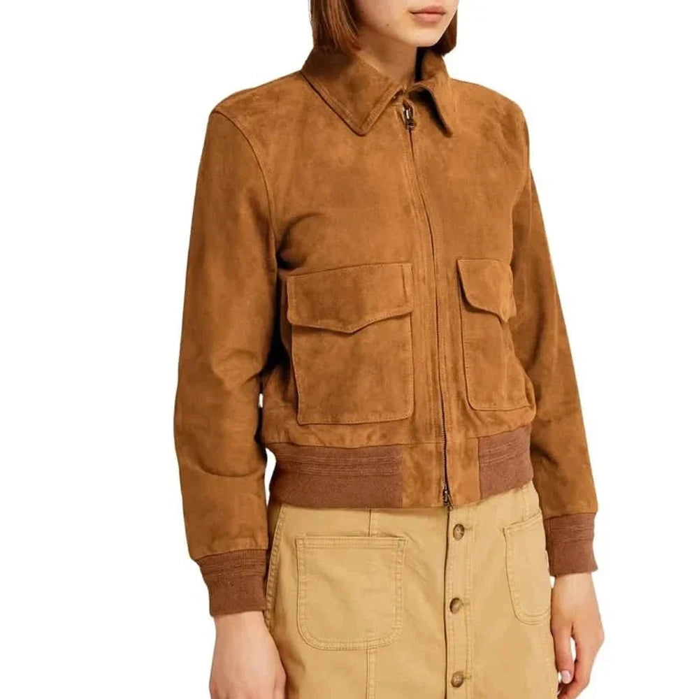 Women's Camel Brown Suede Bomber Jacket