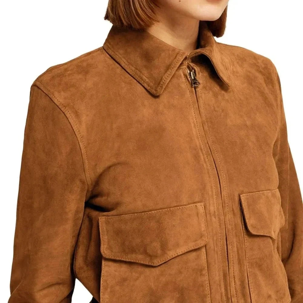 Women's Camel Brown Suede Bomber Jacket