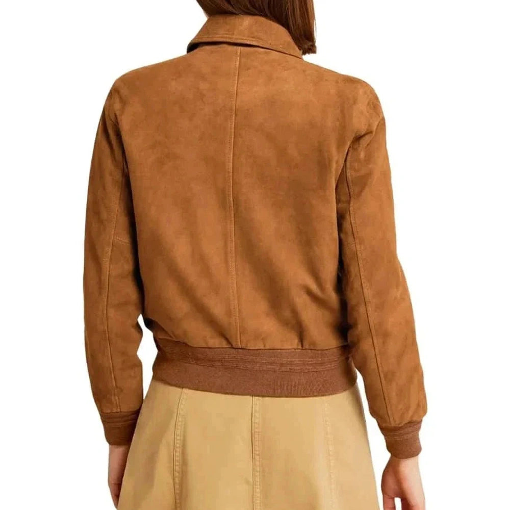 Women's Camel Brown Suede Bomber Jacket