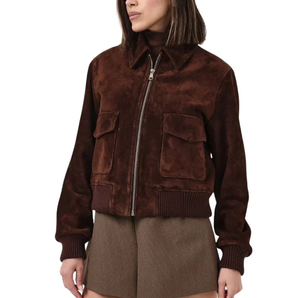 Women's Camel Brown Suede Bomber Jacket