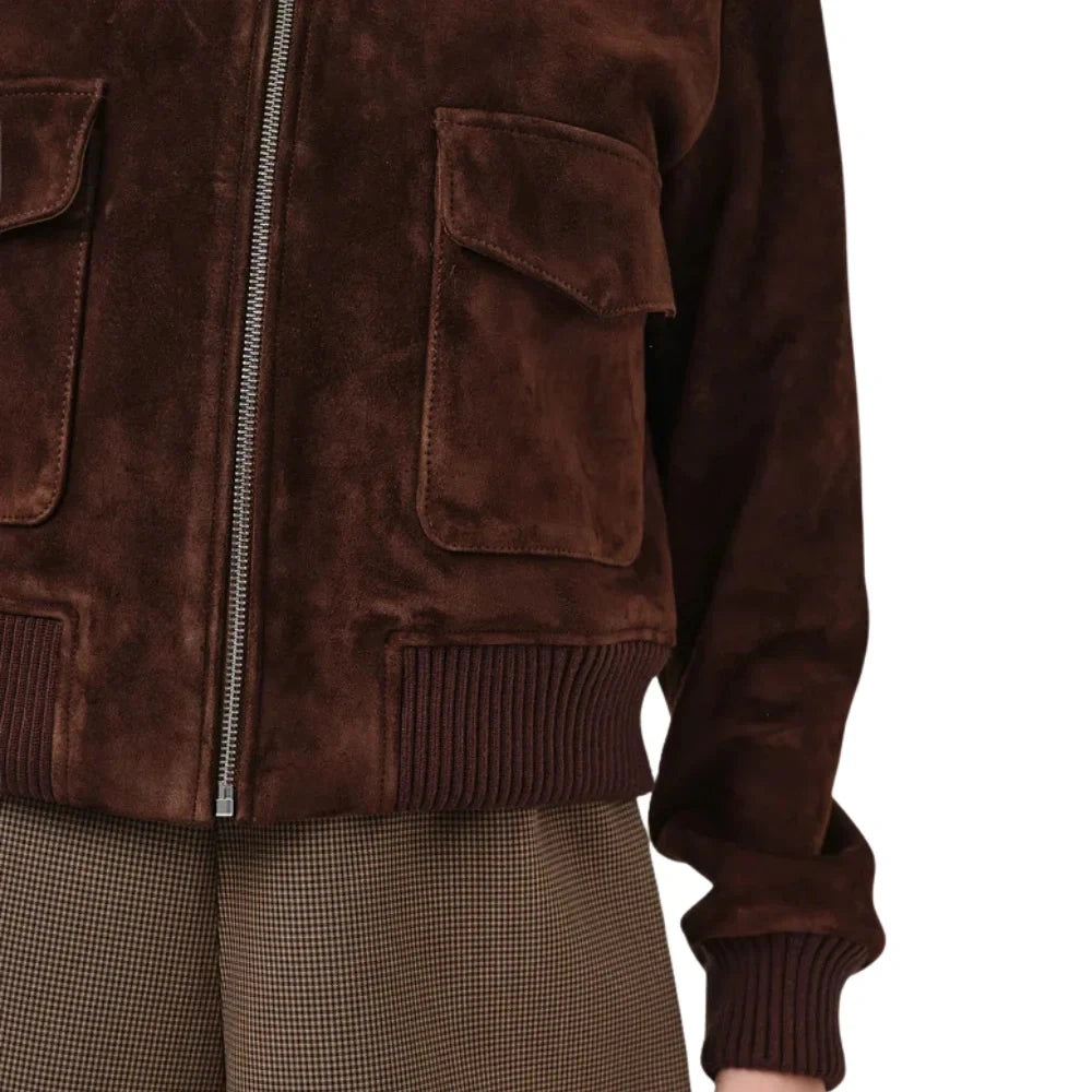 Women's Camel Brown Suede Bomber Jacket