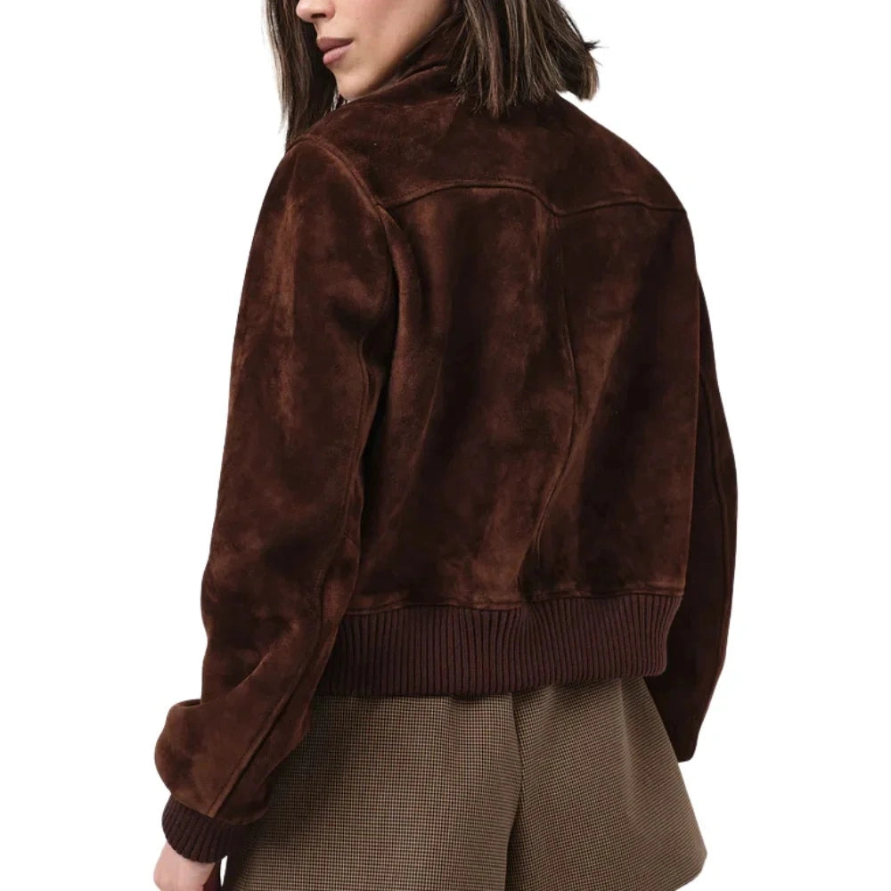 Women's Camel Brown Suede Bomber Jacket