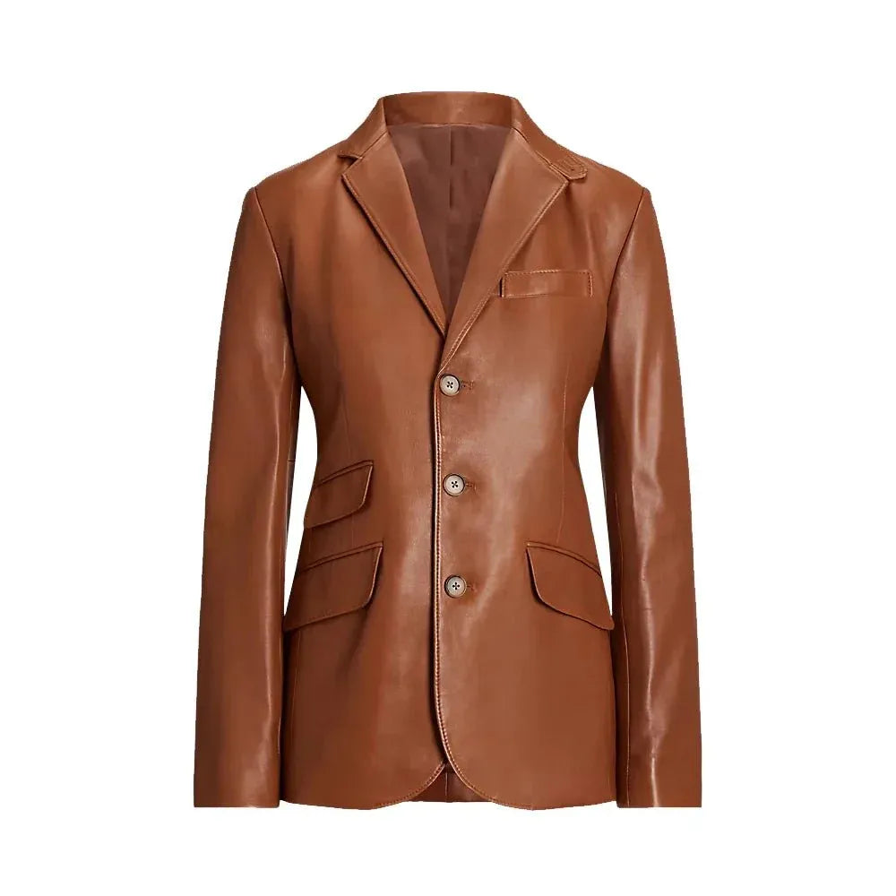 Women's Lambskin Brown 3 Button Leather Blazer