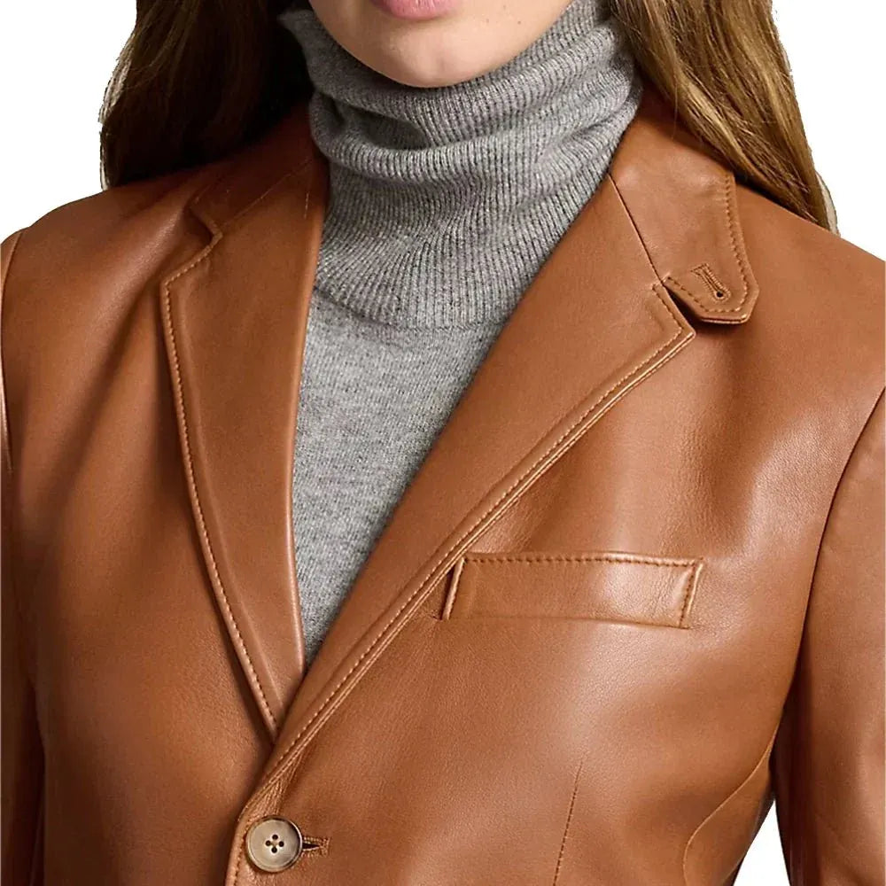 Women's Lambskin Brown 3 Button Leather Blazer