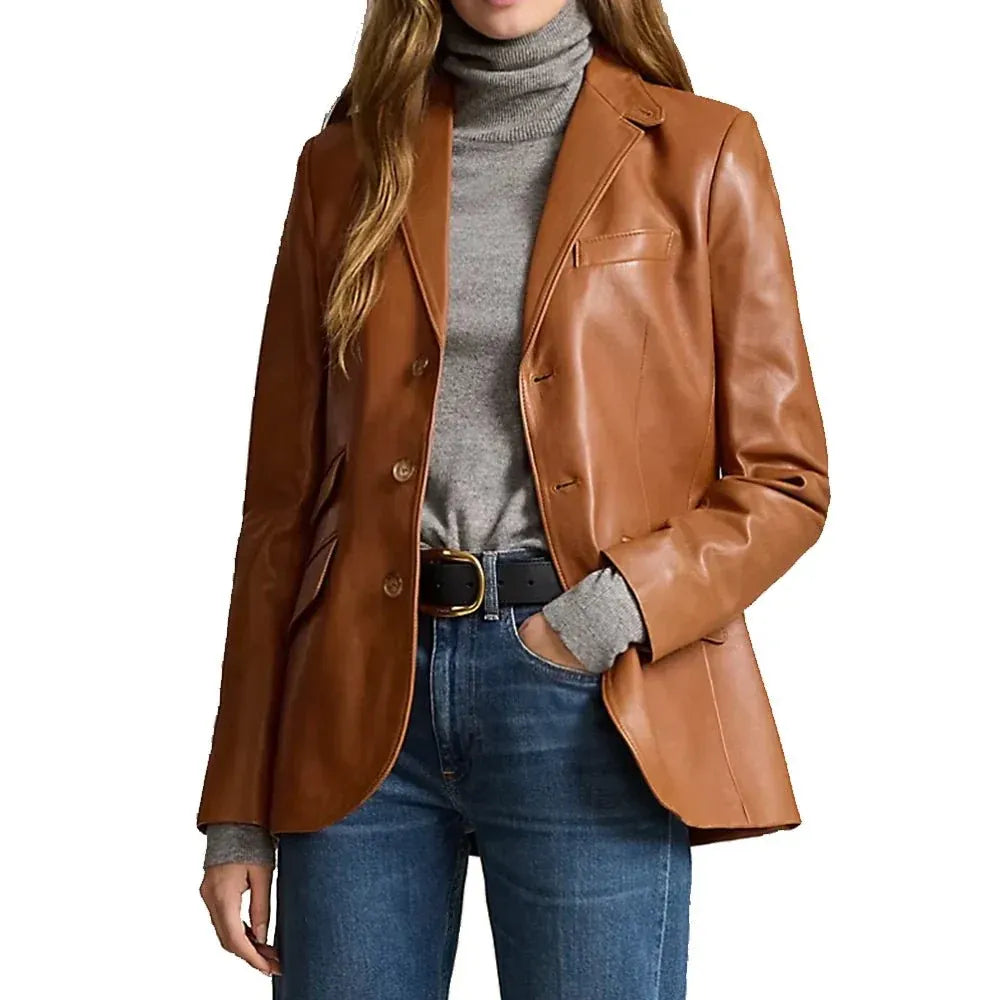 Women's Lambskin Brown 3 Button Leather Blazer