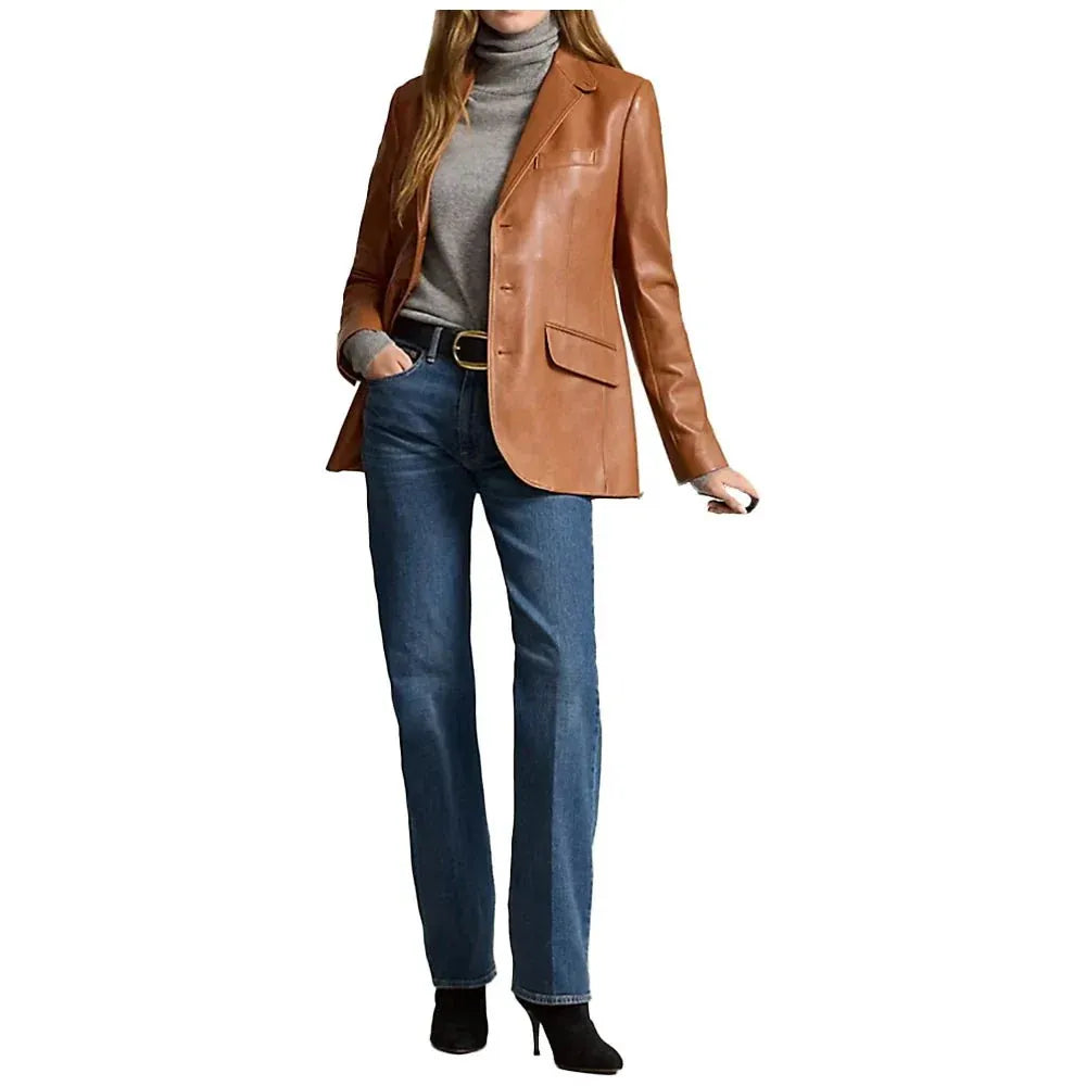 Women's Lambskin Brown 3 Button Leather Blazer