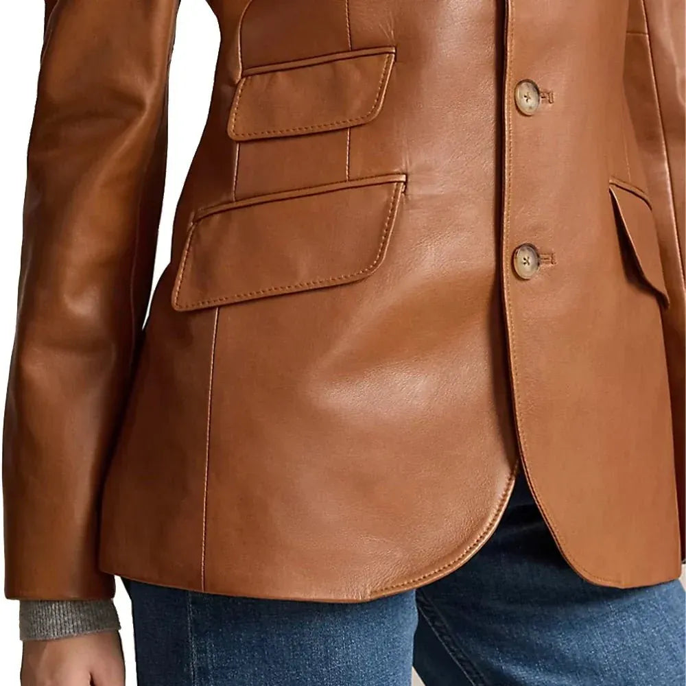 Women's Lambskin Brown 3 Button Leather Blazer