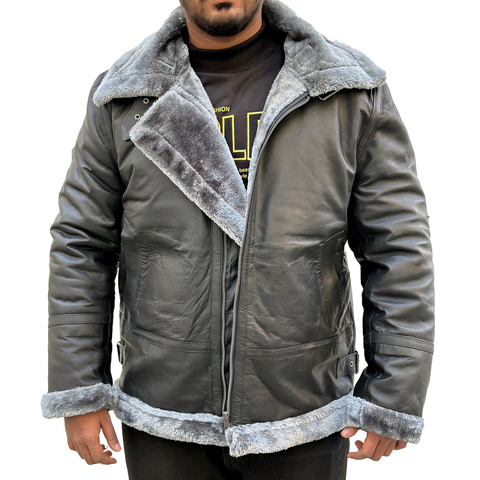 Men's Black Shearling Aviator Leather Jacket