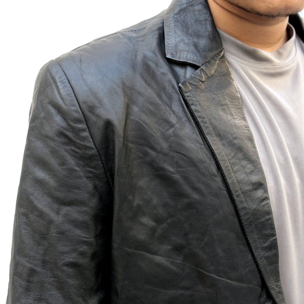 Men’s Black Two Button Leather Blazer Jacket – Genuine Leather, Handcrafted