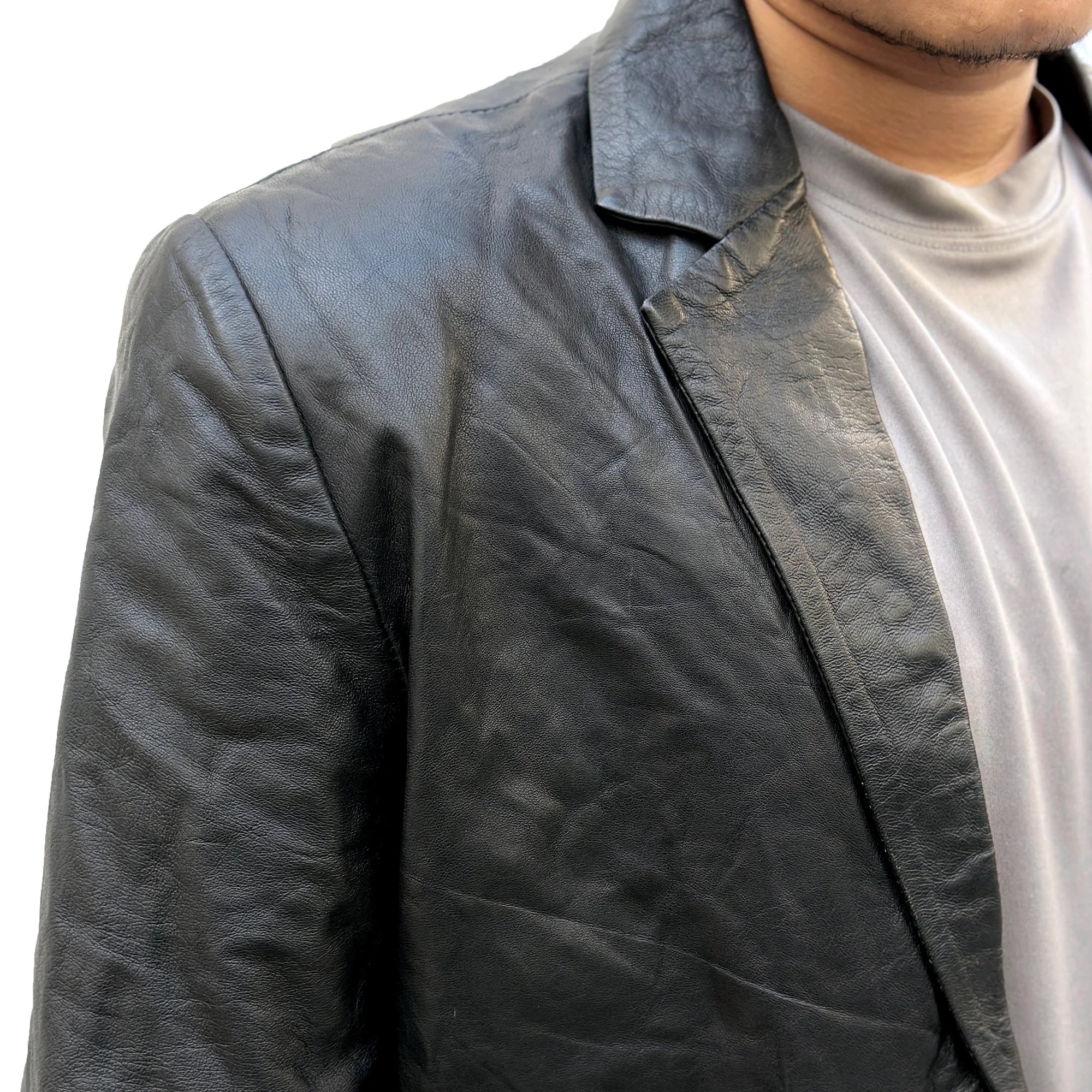 Men’s Black Two Button Leather Blazer Jacket – Genuine Leather, Handcrafted