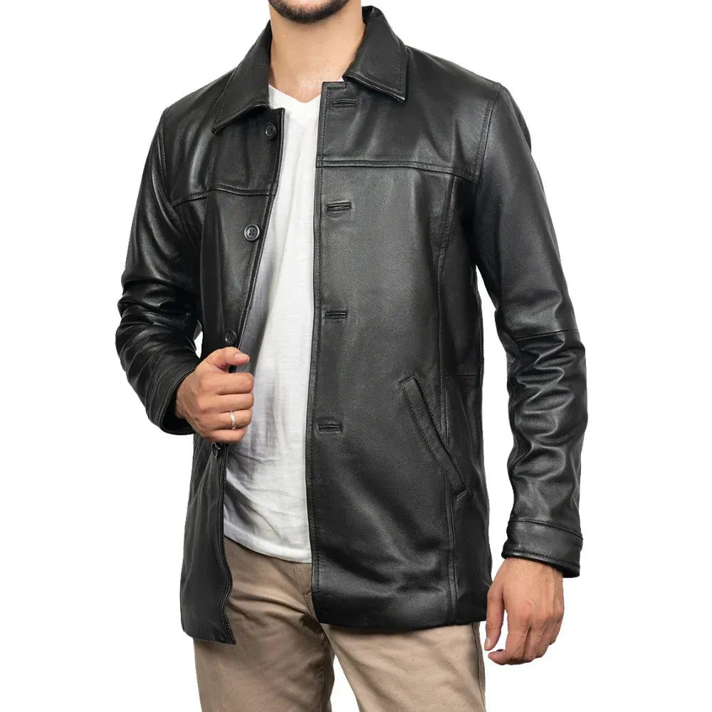 Men's Black Victor 3/4 Length Lambskin Leather Car Coat