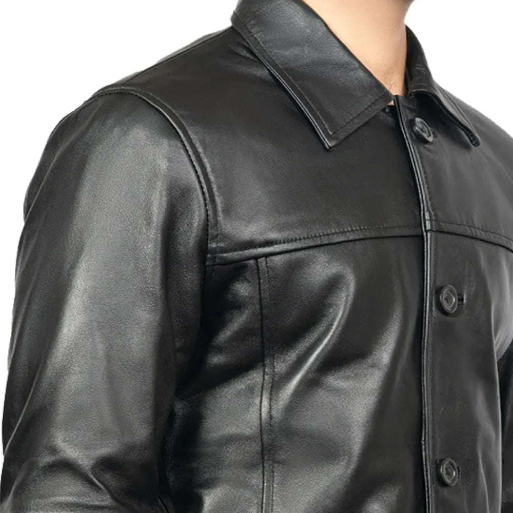 Men's Black Victor 3/4 Length Lambskin Leather Car Coat