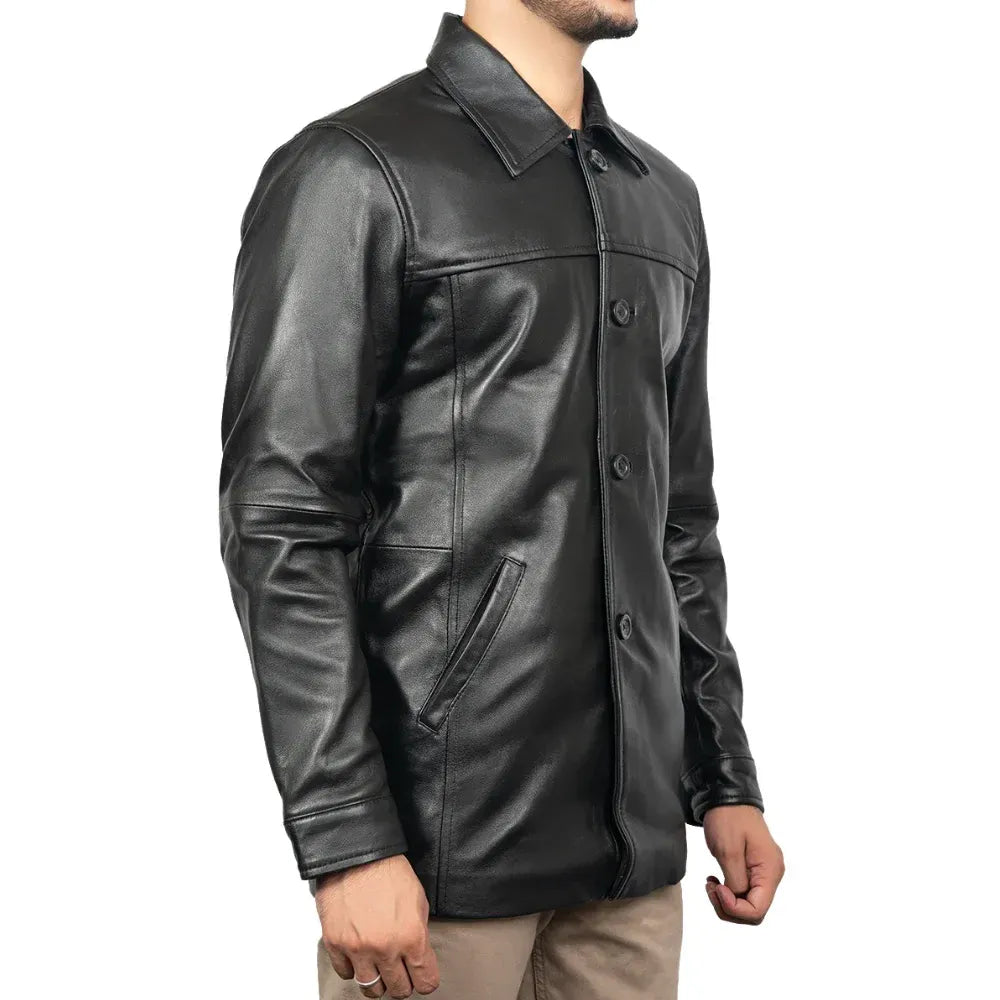 Men's Black Victor 3/4 Length Lambskin Leather Car Coat